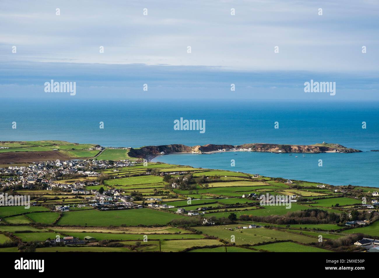 View from Garn Boduan hillside across Morfa Nefyn to Porth Dinllaen on Llyn Peninsula coast. Nefyn, Gwynedd, north Wales, UK, Britain, Europe Stock Photo