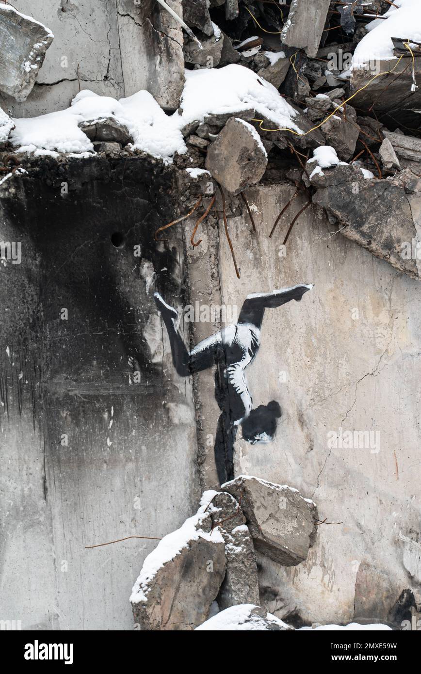 Ukraine, Borodyanka - Banksy graffiti on the wall Stock Photo
