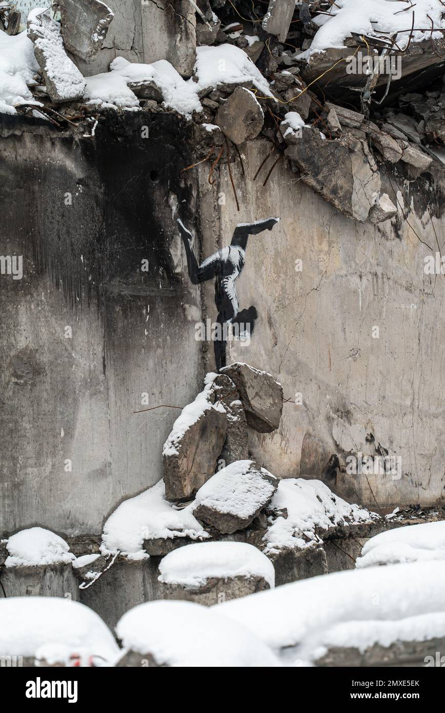 Banksy graffiti on a wall in Borodyanka, Ukraine Stock Photo