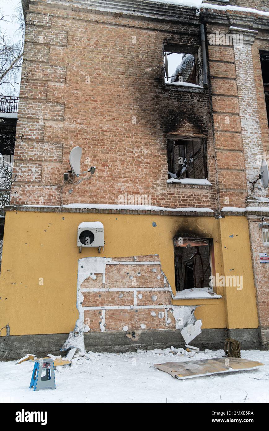 GOSTOMEL, UKRAINE - DECEMBER 02, 2022: Missing Banksy graffiti in Gostomel, Ukraine Stock Photo