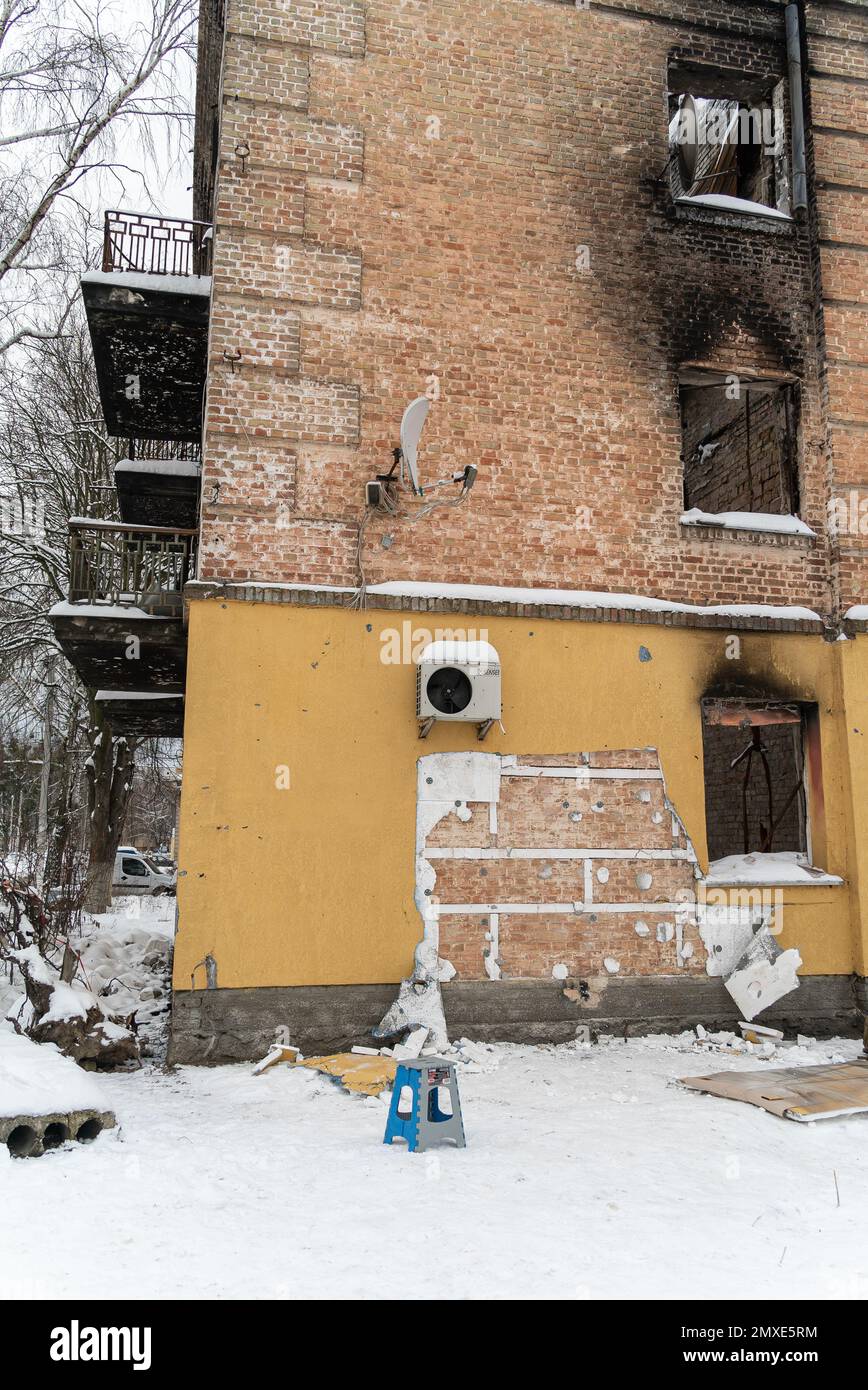 GOSTOMEL, UKRAINE - DECEMBER 02, 2022: Gostomel, Ukraine - crime scene after Banksy graffiti theft Stock Photo