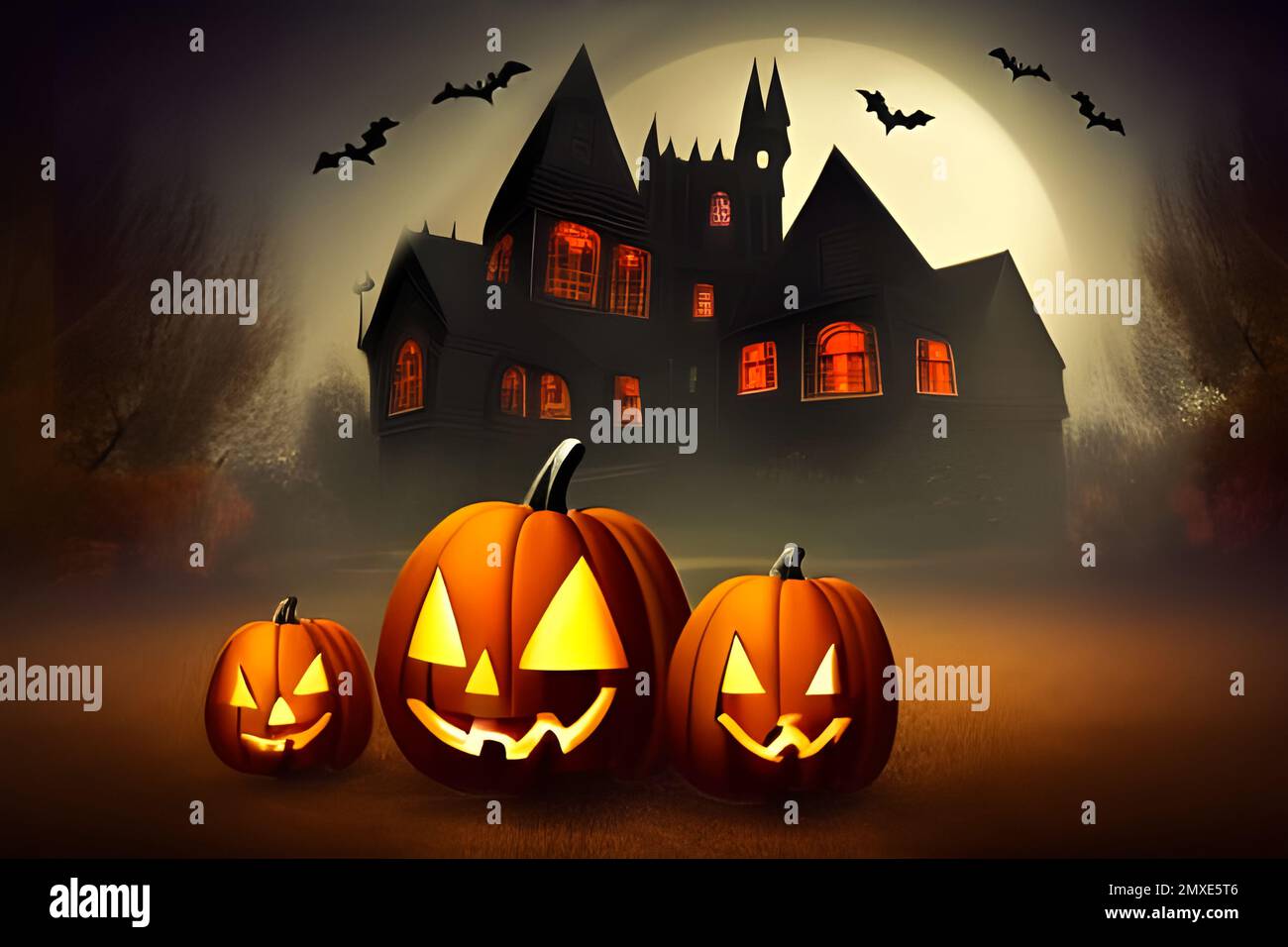 Halloween background with pumpkins and haunted mansion. Stock Photo
