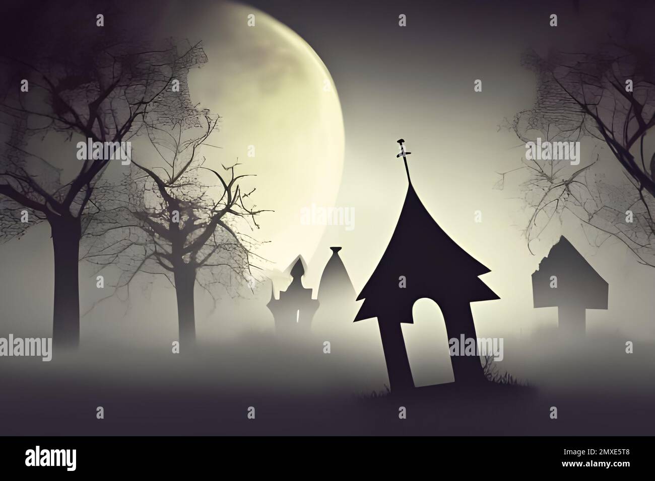 Halloween landscape with moon and cemetery. Stock Photo