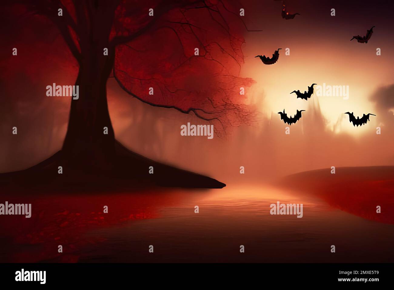 Halloween landscape with silhouettes of tree and bats. Stock Photo