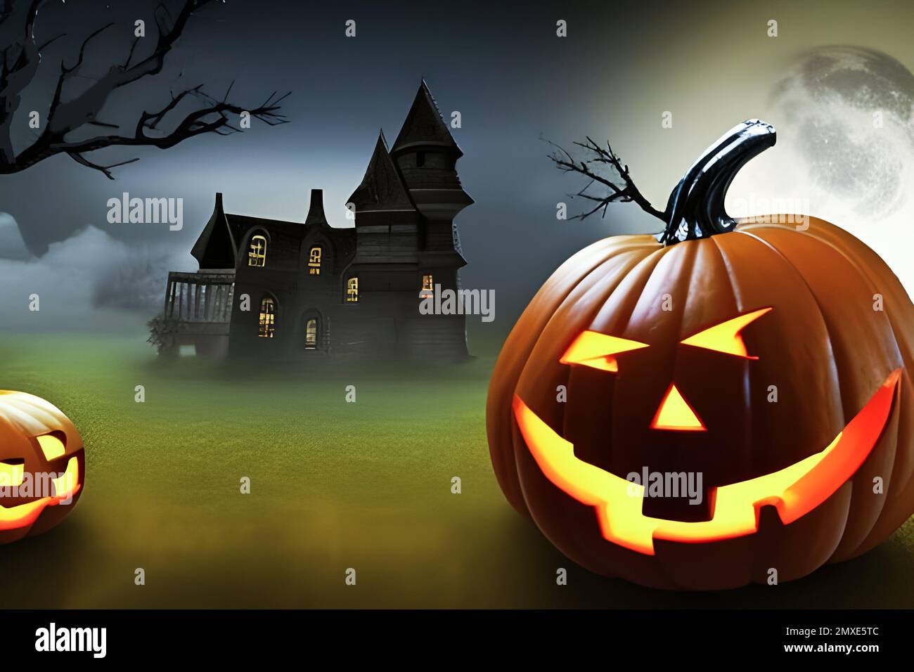 Halloween scene with haunted house and jack o lanterns. Stock Photo