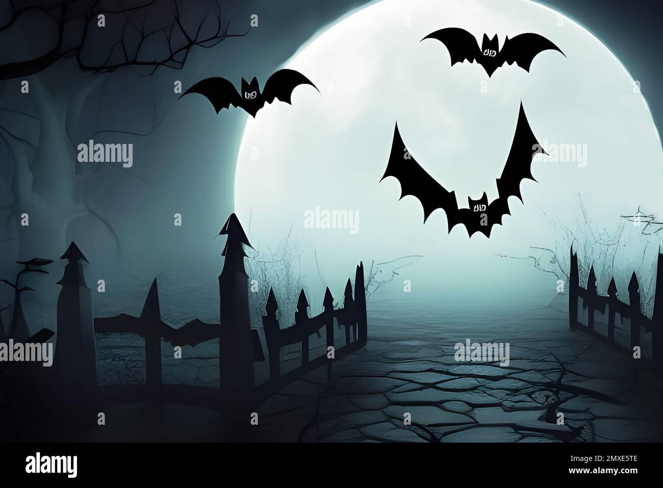 Halloween theme with bats and full moon. Stock Photo