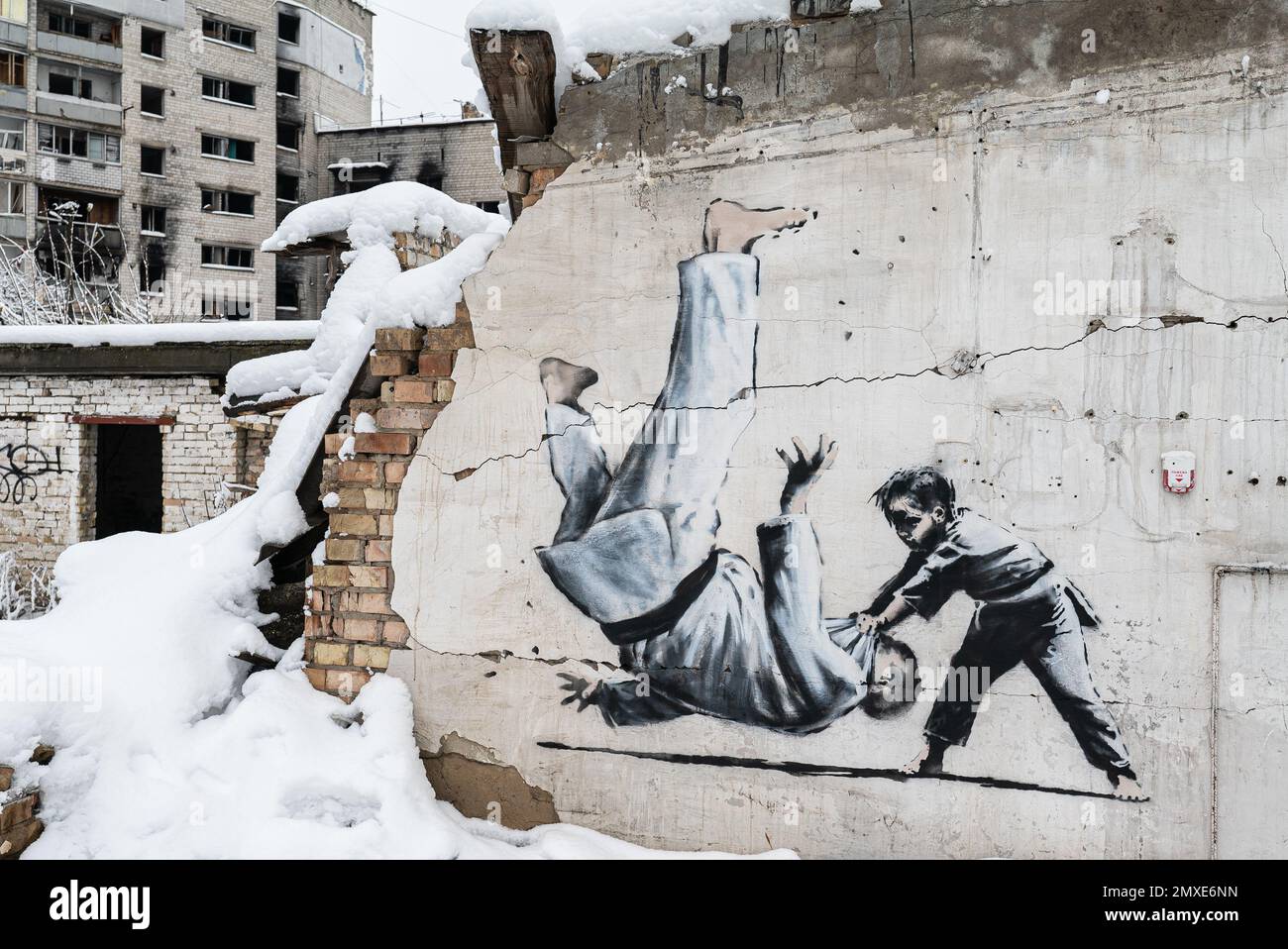 Borodyanka, Ukraine - Banksy graffiti on the wall Stock Photo