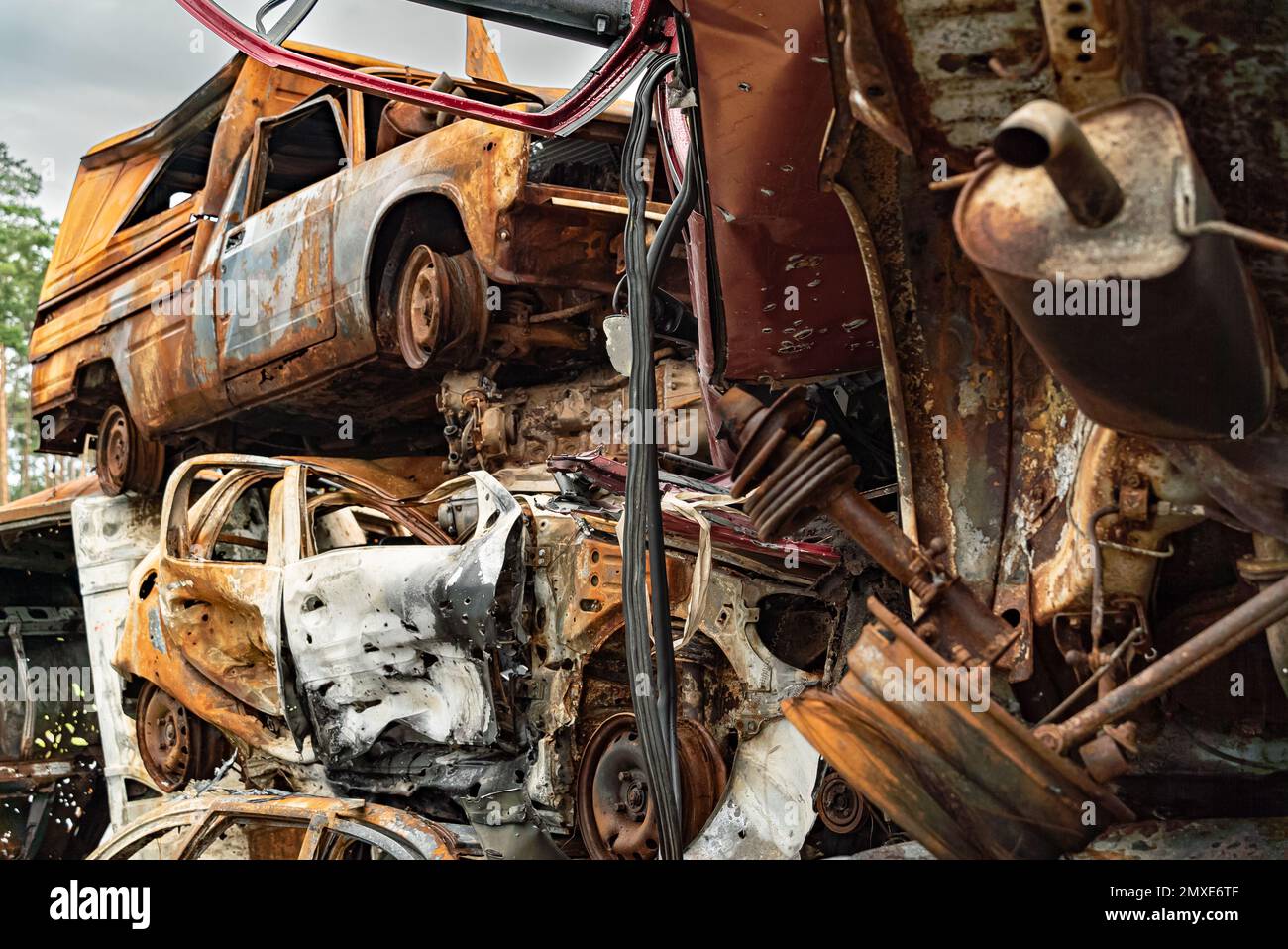 Irpin, Bucha district, Ukraine - war-destroyed cars Stock Photo