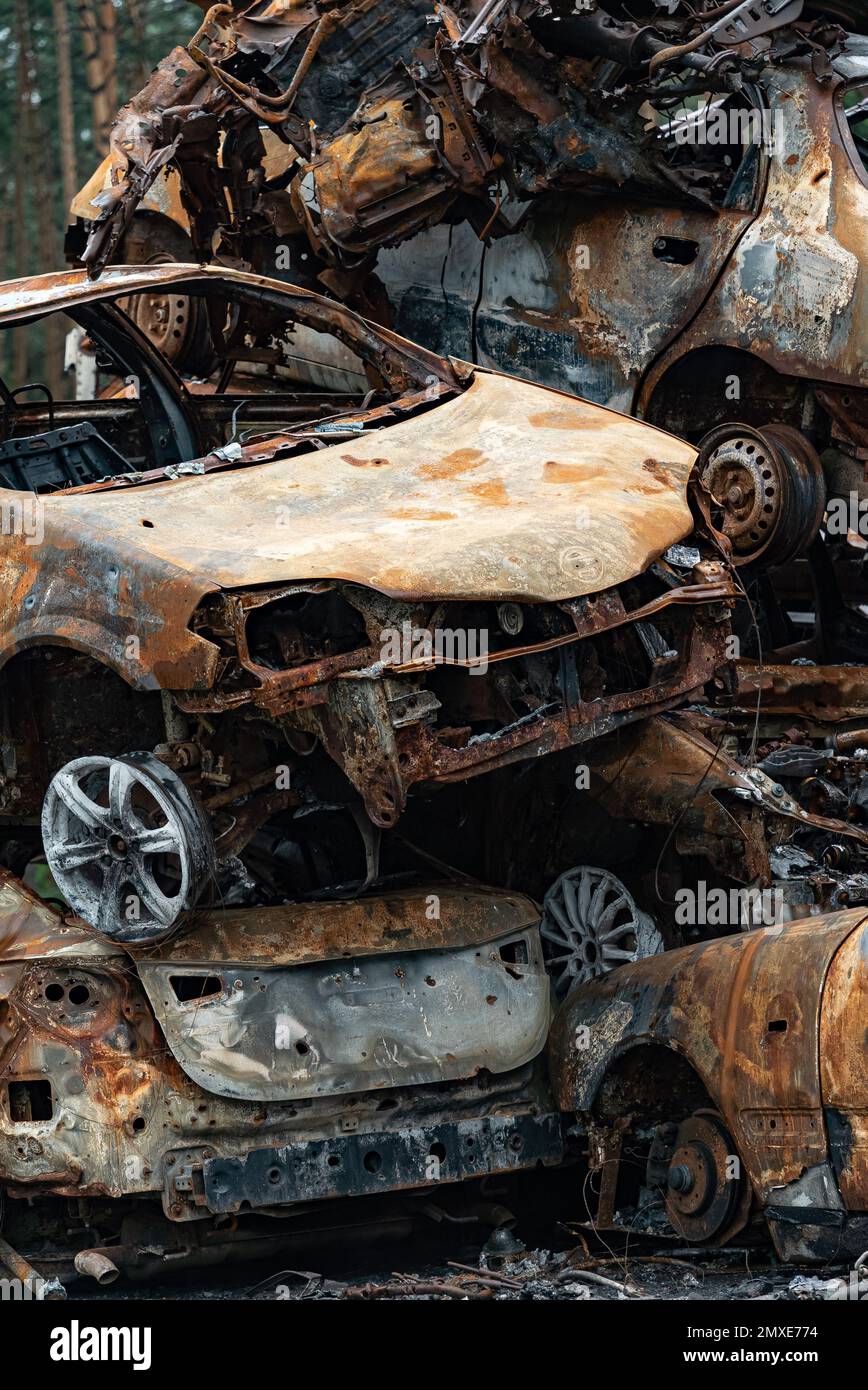 Irpin, Bucha district, Ukraine - war-destroyed cars Stock Photo