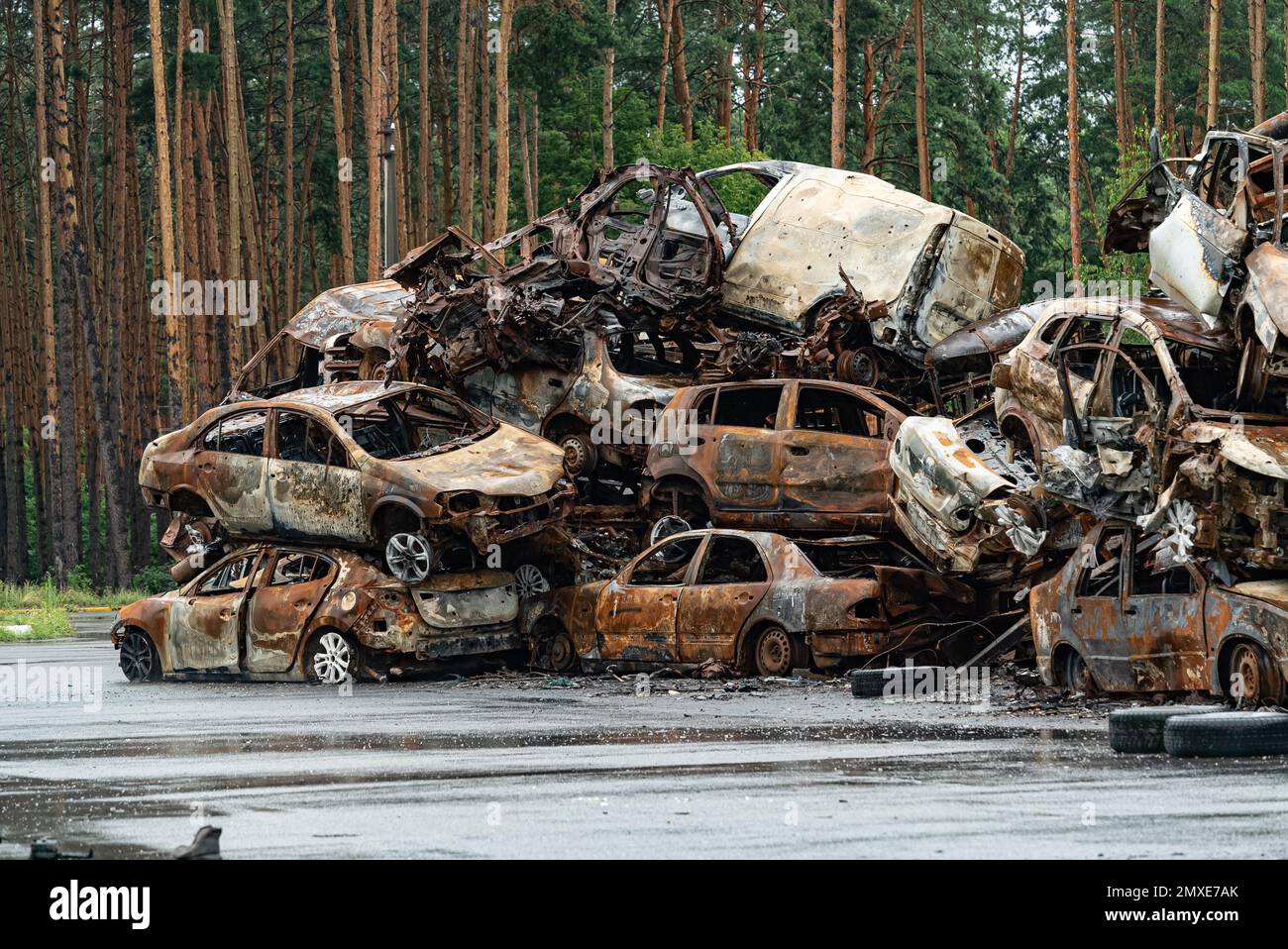 Consequences of the war in Ukraine - destroyed cars in Irpin, Bucha district. Stock Photo