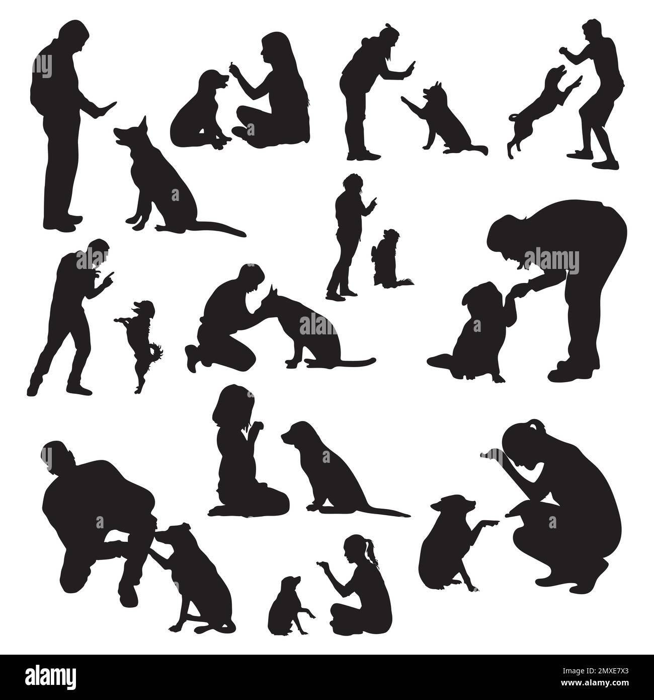 Dog training silhouettes, Dog trainer silhouettes set. Stock Vector