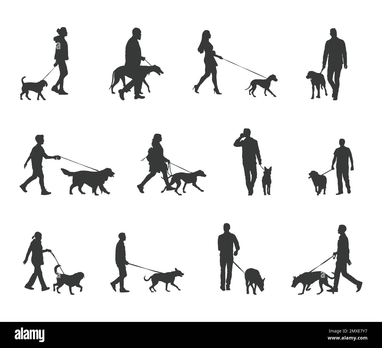 Walk with dog silhouettes, People walking with dog silhouettes Stock Vector