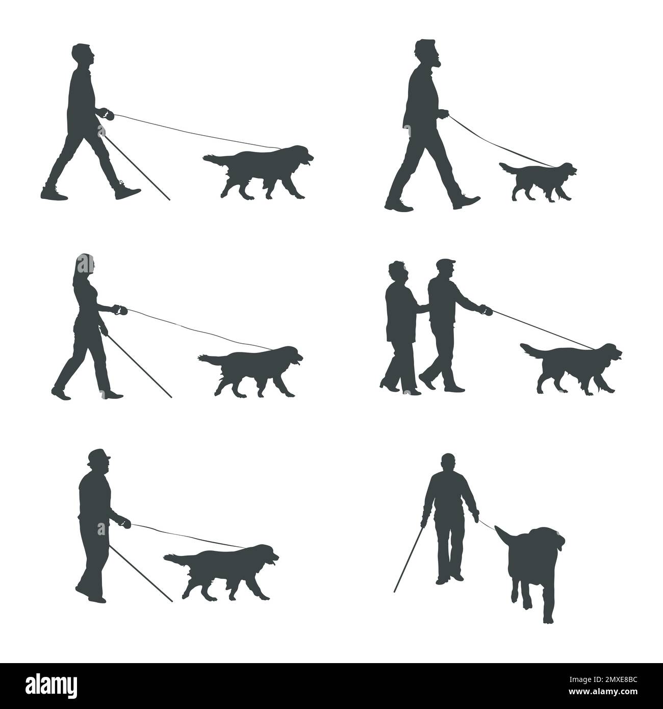 Blind people with guide dog walking silhouettes Stock Vector