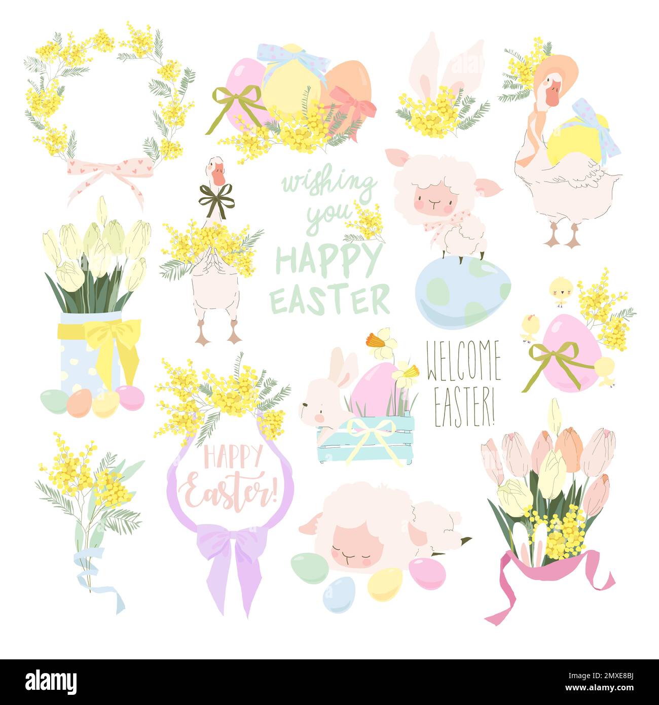 Easter Set with Cute White Bunnies, Gooses, Sheeps and Easter Eggs Stock Vector