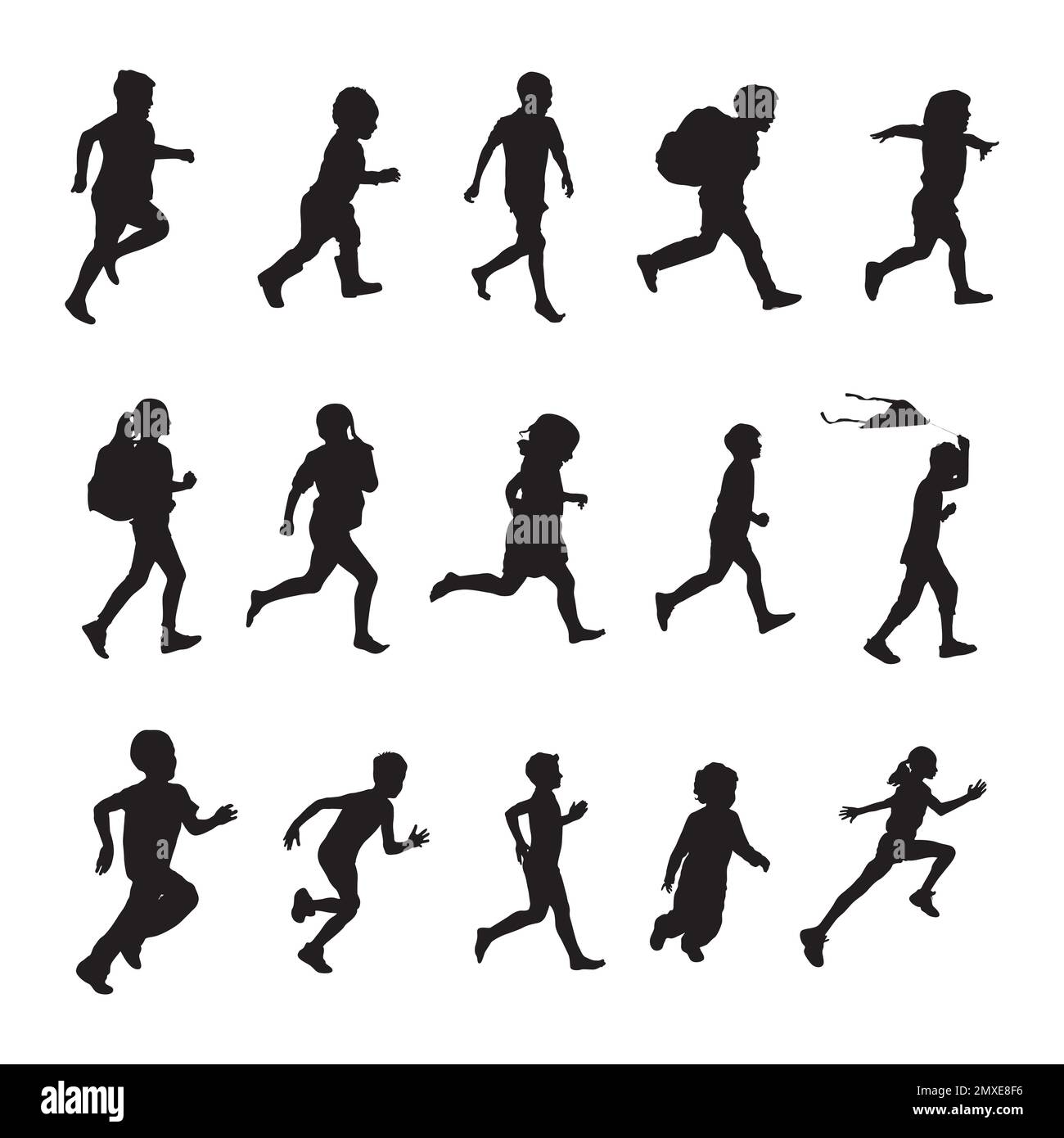 Children running silhouettes, Running child kids silhouettes Stock Vector