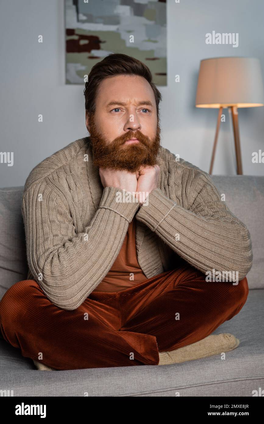 Focused bearded man looking away while sitting on couch at home,stock image Stock Photo