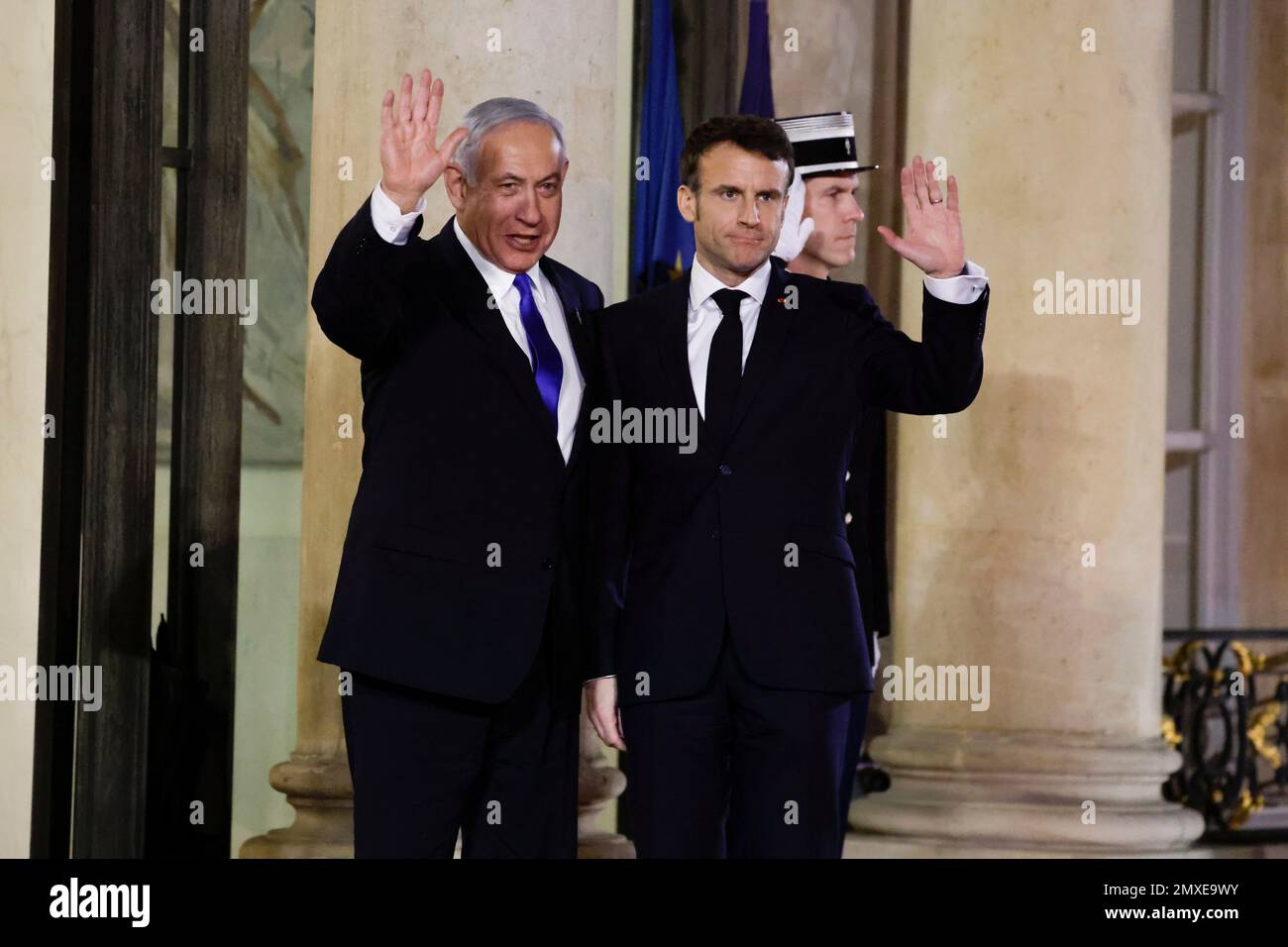 Paris, France. 2nd Feb, 2023. French President Emmanuel Macron (R) welcomes visiting Israeli Prime Minister Benjamin Netanyahu at the Elysee Palace in Paris, France, Feb. 2, 2023. Credit: Rit Heize/Xinhua/Alamy Live News Stock Photo