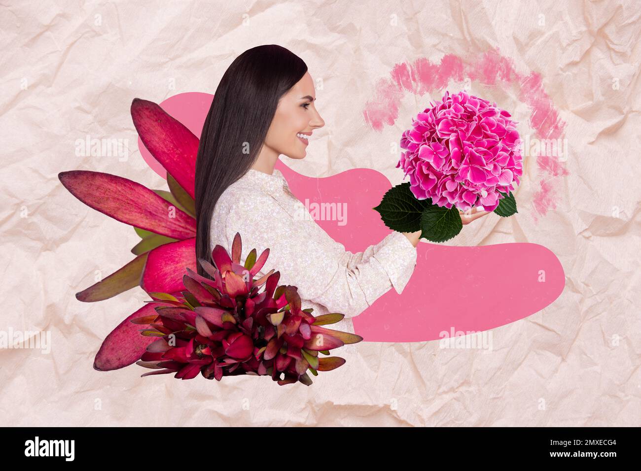 Creative template collage of beauty woman florist shop owner hold bright phlox bouquet prepare for woman day date party Stock Photo