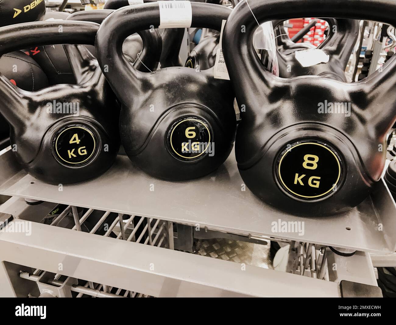 rack with sports kettlebell weights kilograms of weight, equipment for