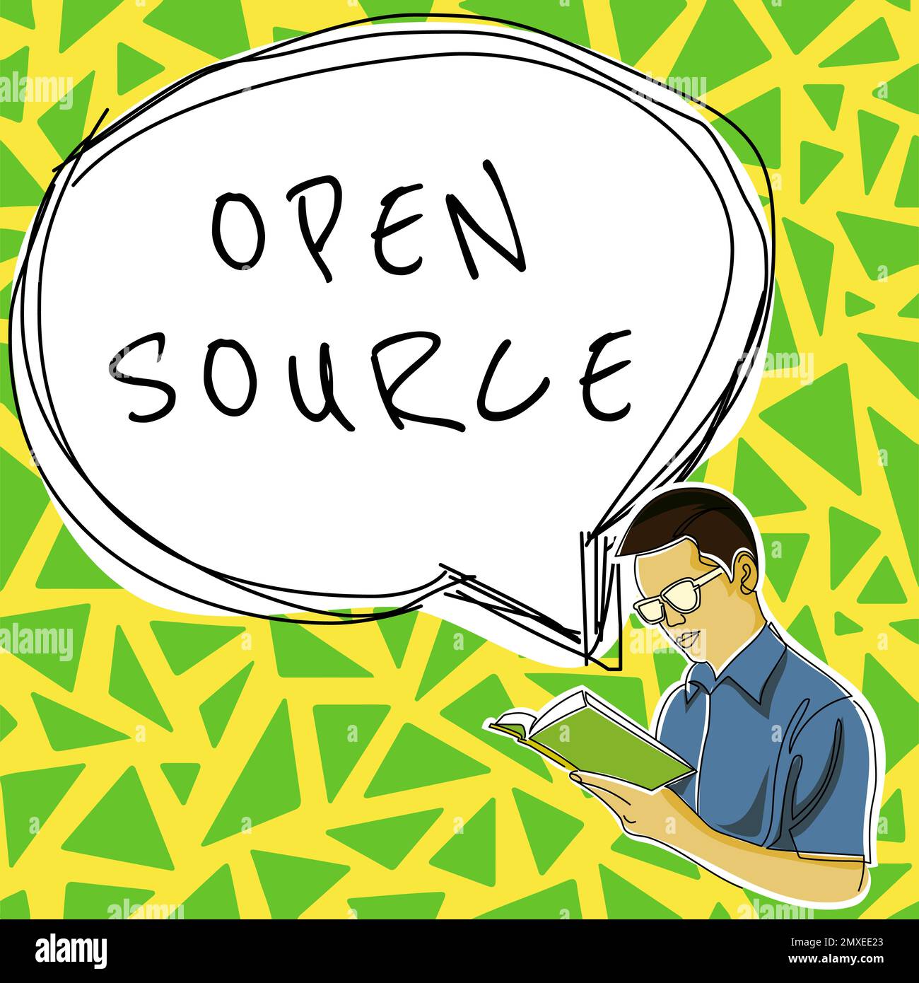 Handwriting text Open Source, Word for denoting software which original source code freely available Stock Photo