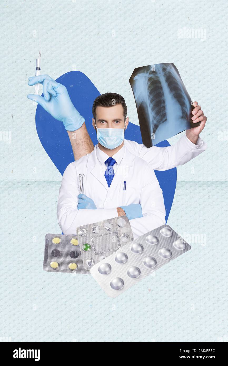 Collage photo of young serious confident main doctor medicine wear mask