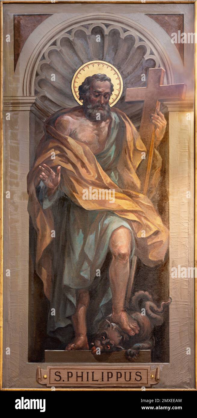 BARI, ITALY - MARCH 3, 2022: The fresco of St. Filip the Apostle in the church Chiesa San Ferdinando by Nicola Colonna (1862 -1948). Stock Photo