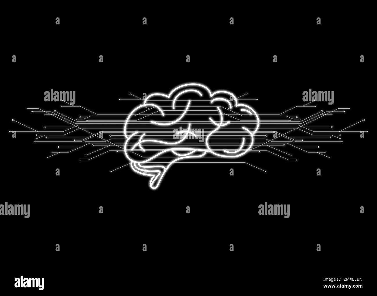 Machine learning concept. Illustration of brain and circuit board pattern on black background Stock Photo
