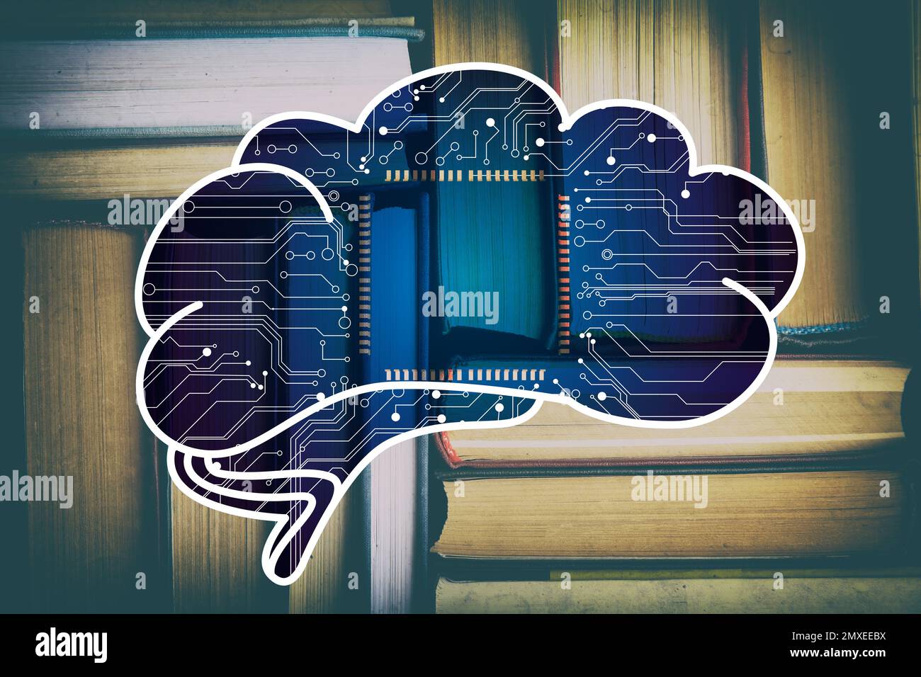 Machine learning concept. Double exposure of brain illustration with circuit board pattern and old books Stock Photo