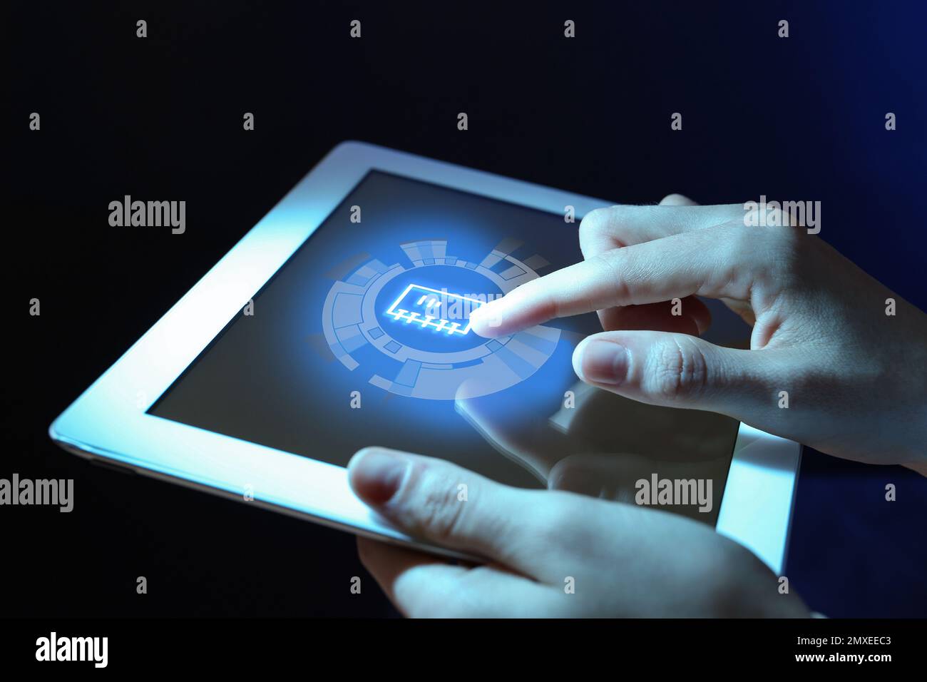 Woman clicking on document icon using tablet, closeup Stock Photo