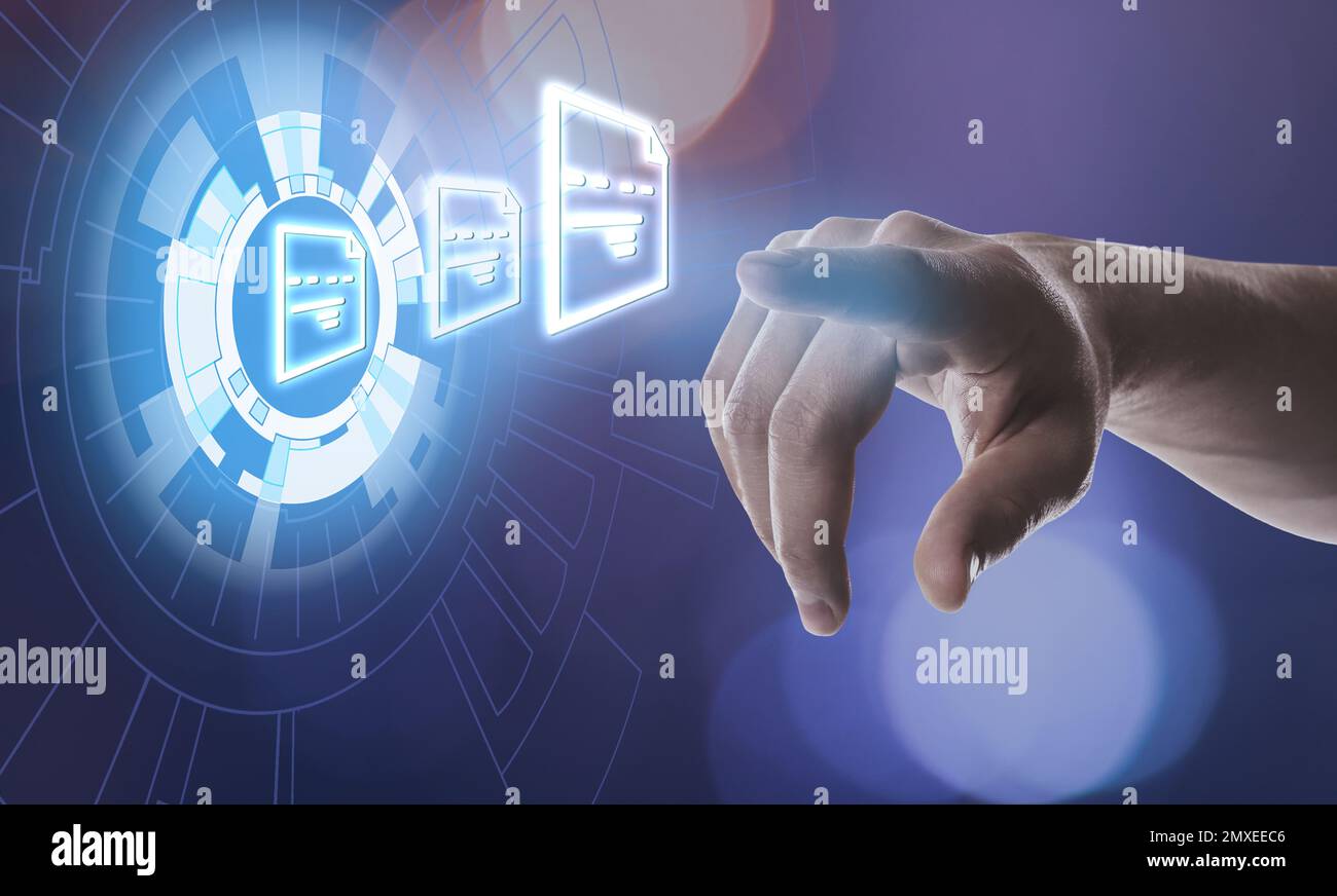 Man clicking on document icon using virtual screen, closeup Stock Photo