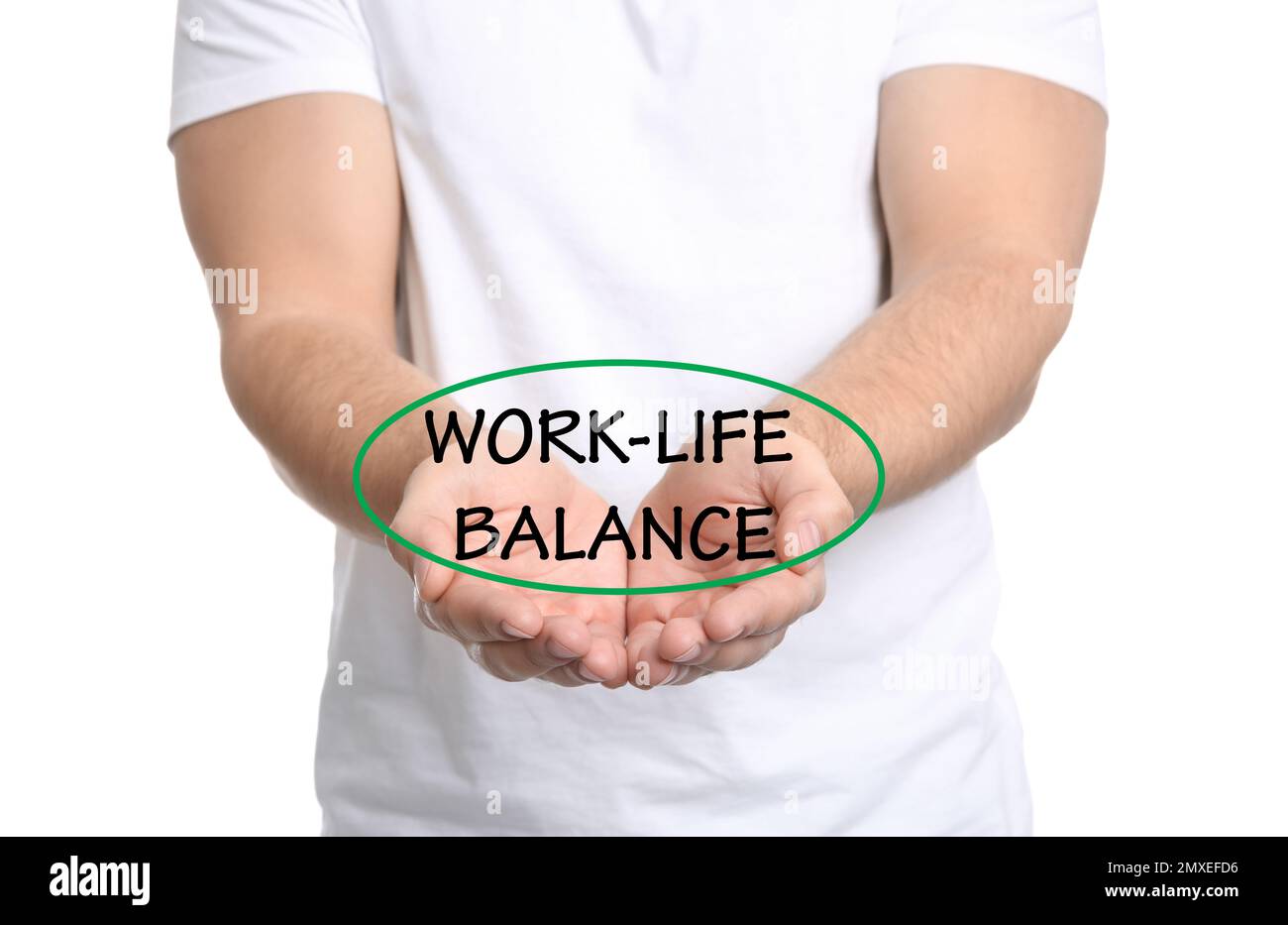 Man demonstrating phrase Work-life balance on white background, closeup ...