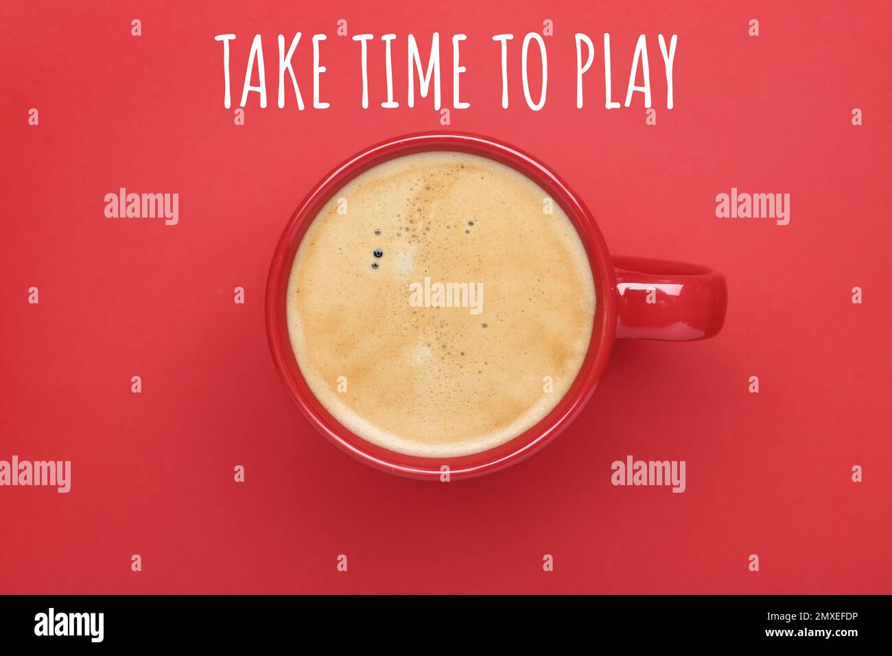 Work-life balance concept. Cup of aromatic coffee on red background ...