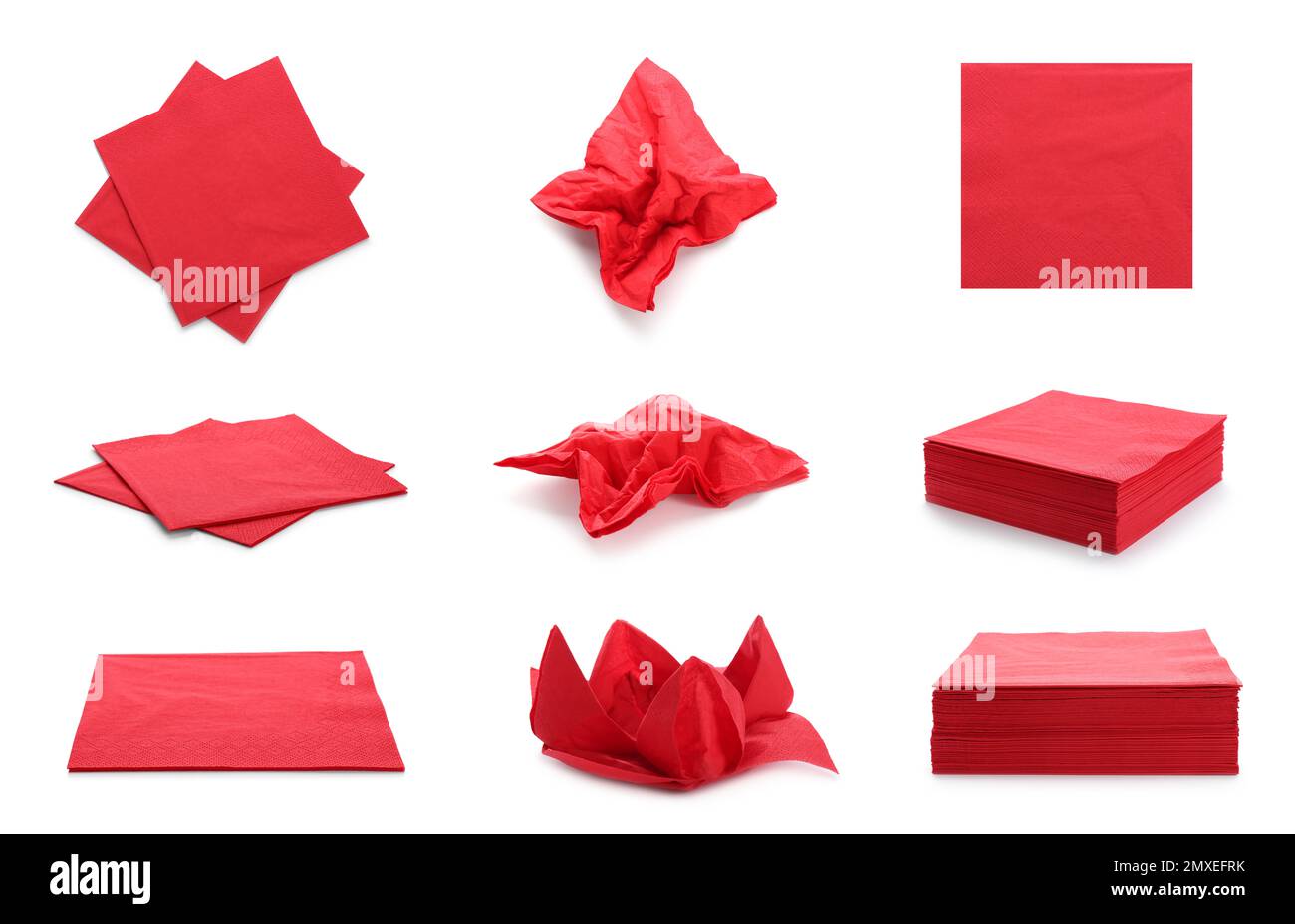 Set with red paper napkins on white background stock photo alamy