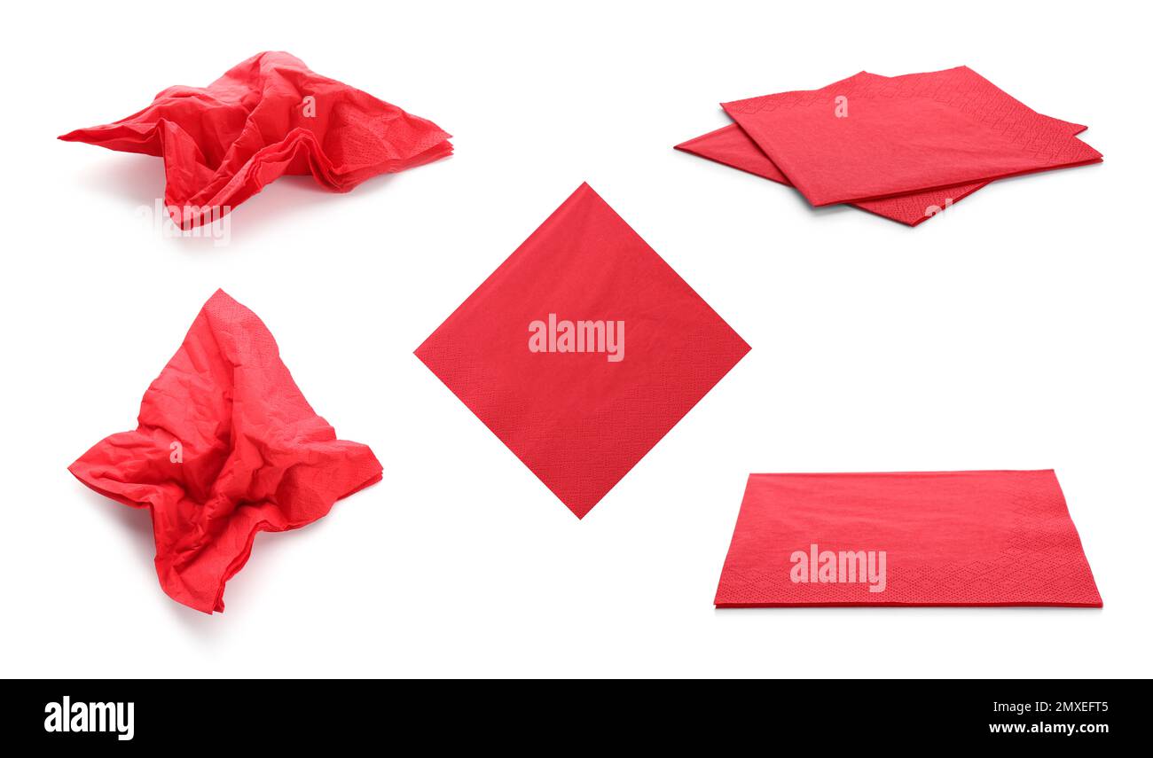Set with red paper napkins on white background stock photo alamy
