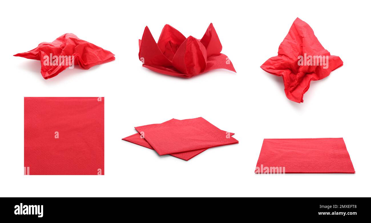 Set with red paper napkins on white background Stock Photo Alamy