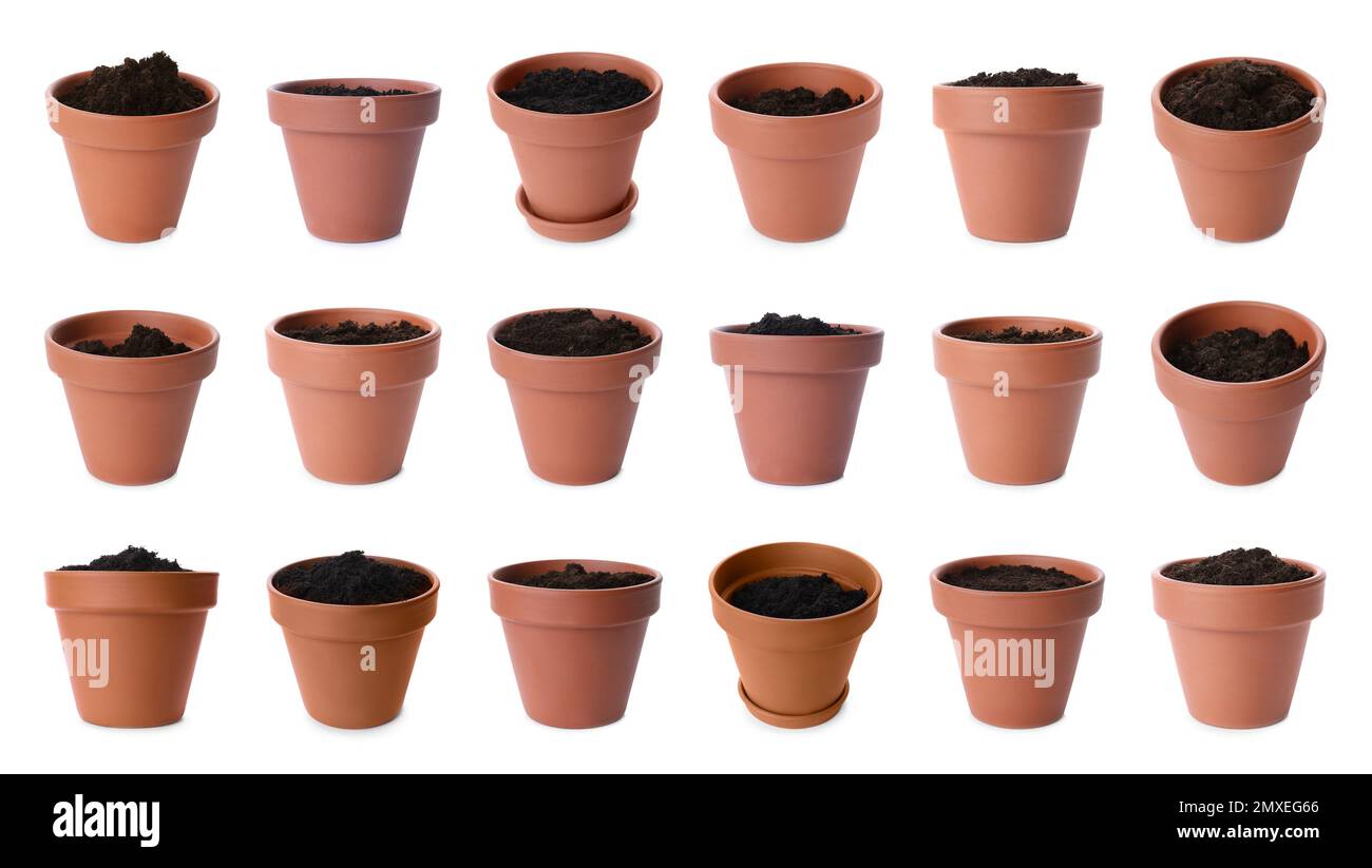 Set of flower pots with soil on white background Stock Photo Alamy