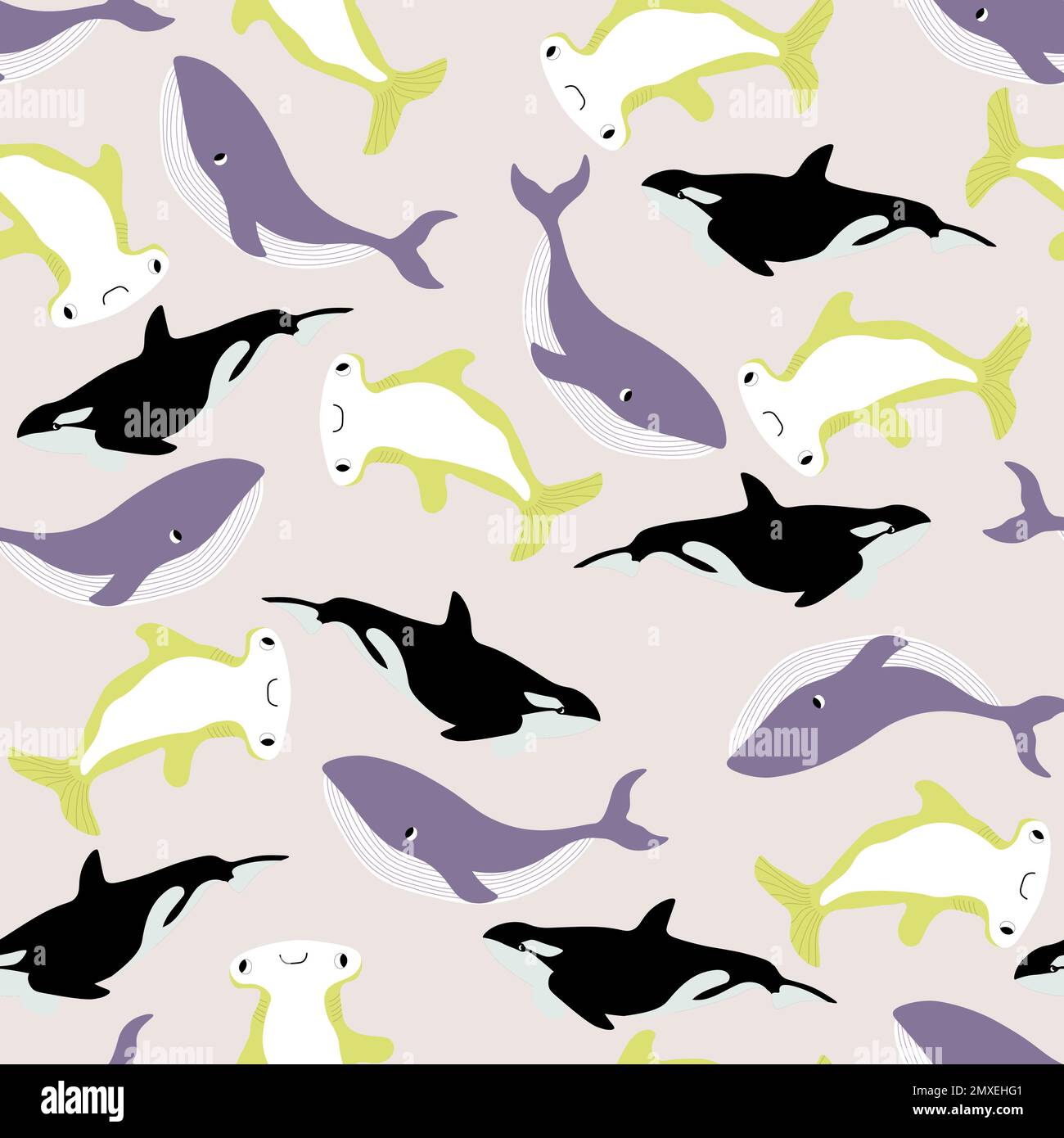 Vector seamless pattern with whale, killer whale, hammerhead fish ...