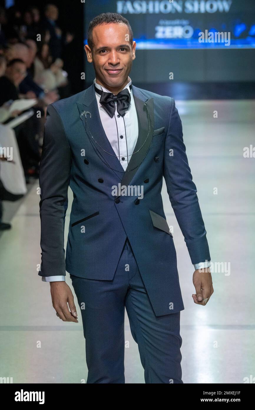 New York, United States. 01st Feb, 2023. Louis Finley walks the runway  wearing Peyman Umay during the Seventh Annual Blue Jacket Fashion Show at  Moonlight Studios in New York City. (Photo by
