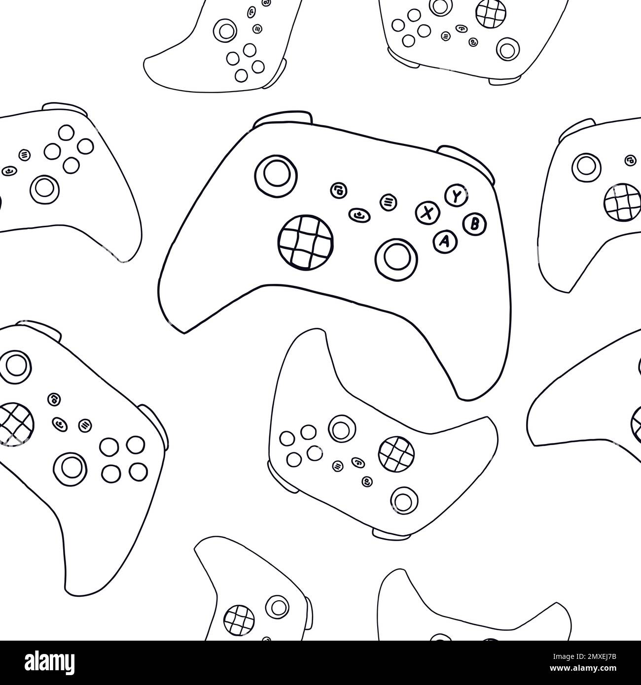 Seamless pattern of game controllers. Vector illustration in hand-drawn outline flat style on white background Stock Vector