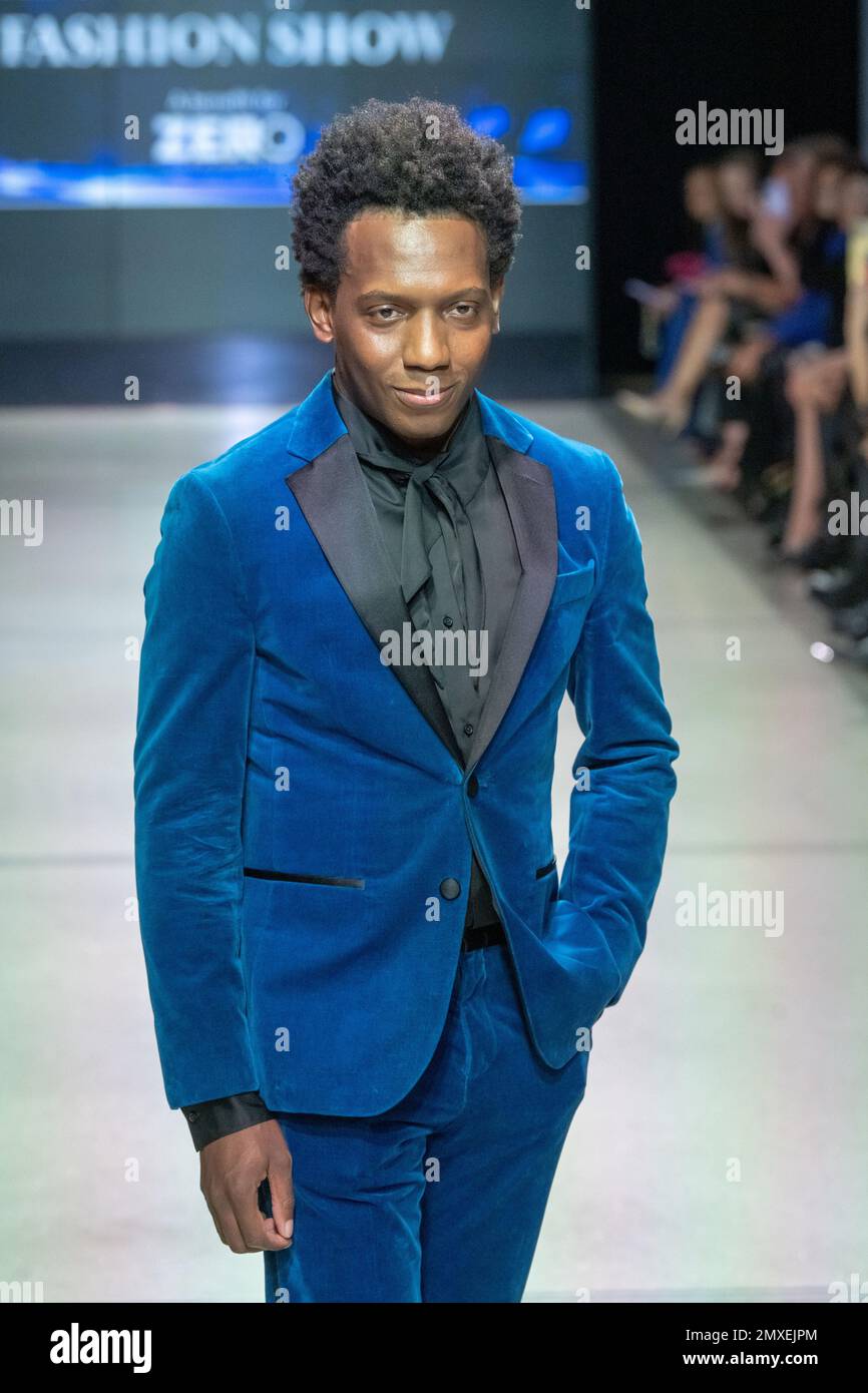 Carlos Greer walks the runway wearing Tommy Hilfiger during the Seventh  Annual Blue Jacket Fashion Show at Moonlight Studios in New York City.  (Photo by Ron Adar / SOPA Images/Sipa USA Stock