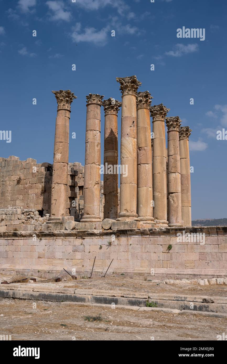 Artemis Temple Corinthian Pillars or Columns in the Ancient Roman City of Gerasa near Jerash, Jordan Stock Photo