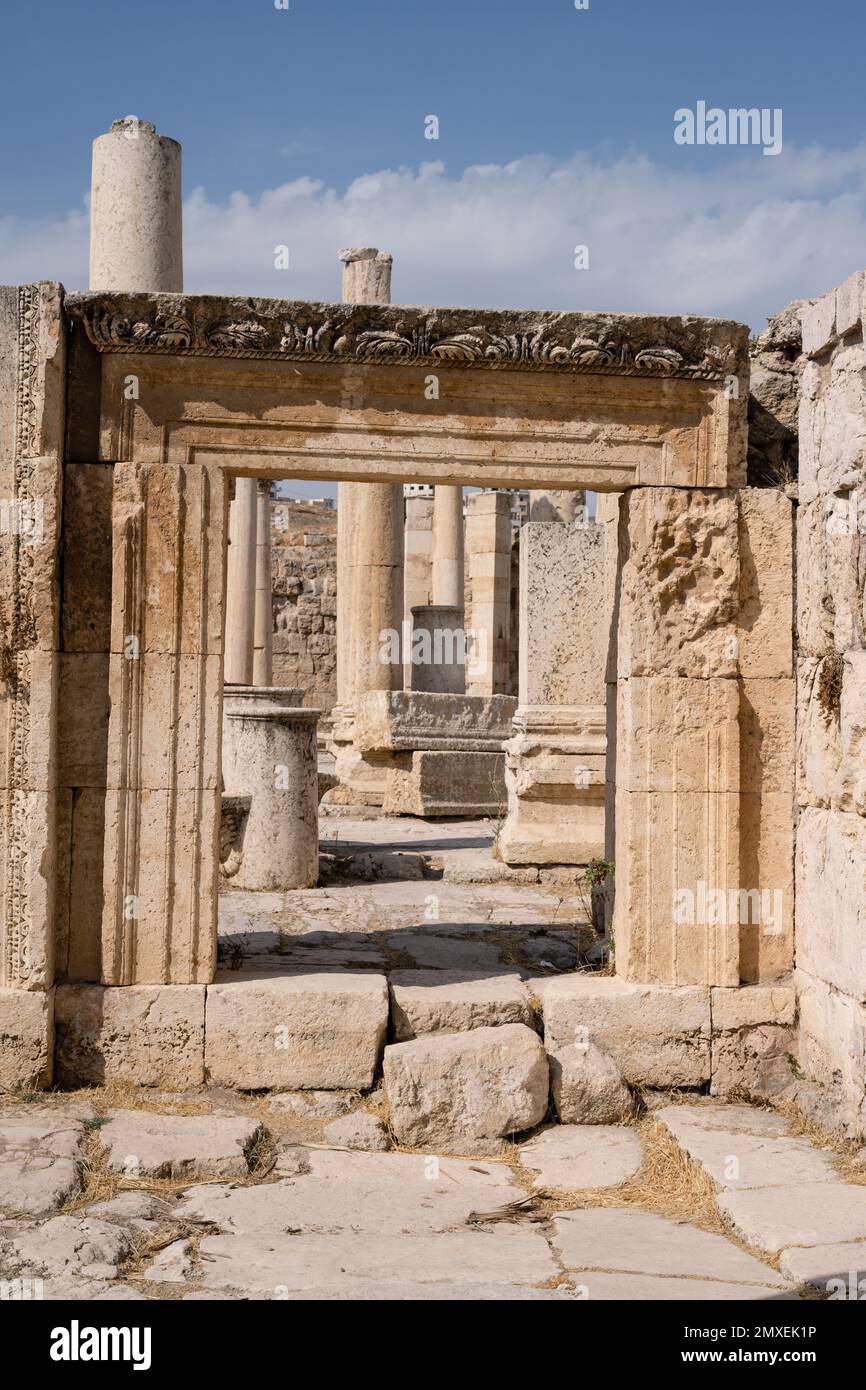 Macellum Entrance Gateway in Gerasa, Jordan, with a stepped Frame Stock Photo