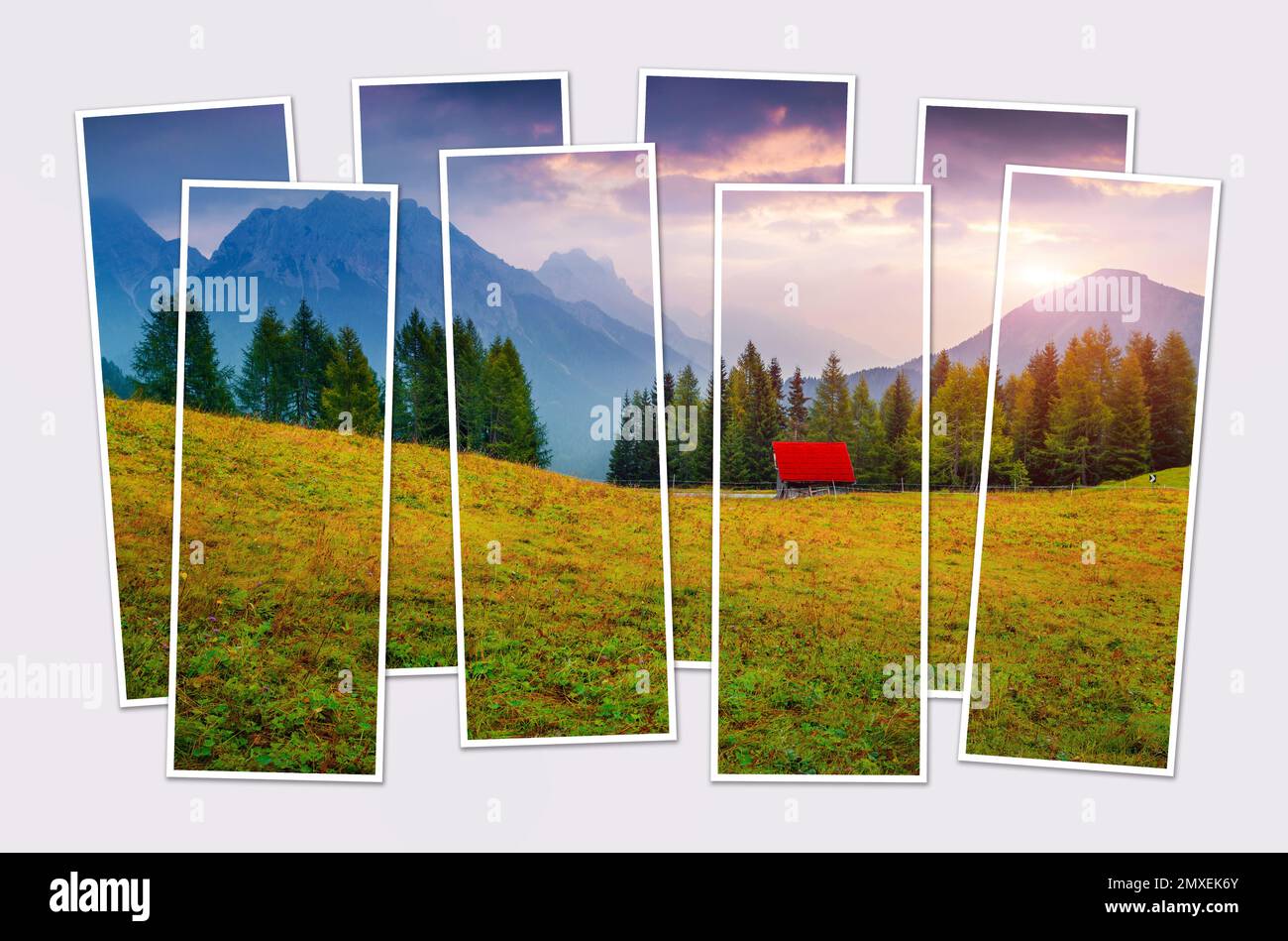 Isolated eight frames collage of picture of summer sunrise in Dolomite Alps, Vigo Di Cadore location, Italy; Europe. Fantastic sunrise on mountain val Stock Photo