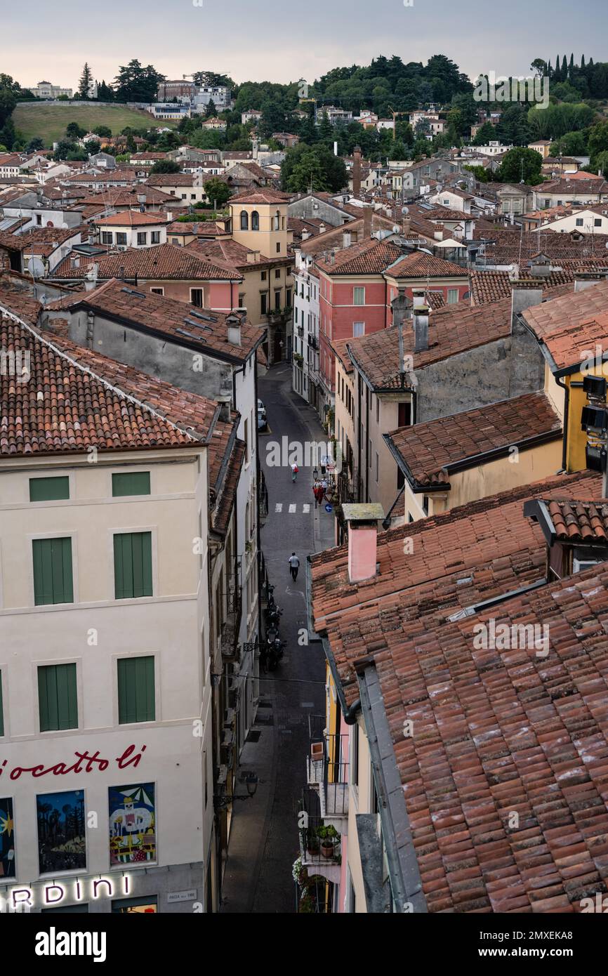 Cityscape Aerial of Vicenza, Italy with Contra Pescaria Street in the Evening Stock Photo
