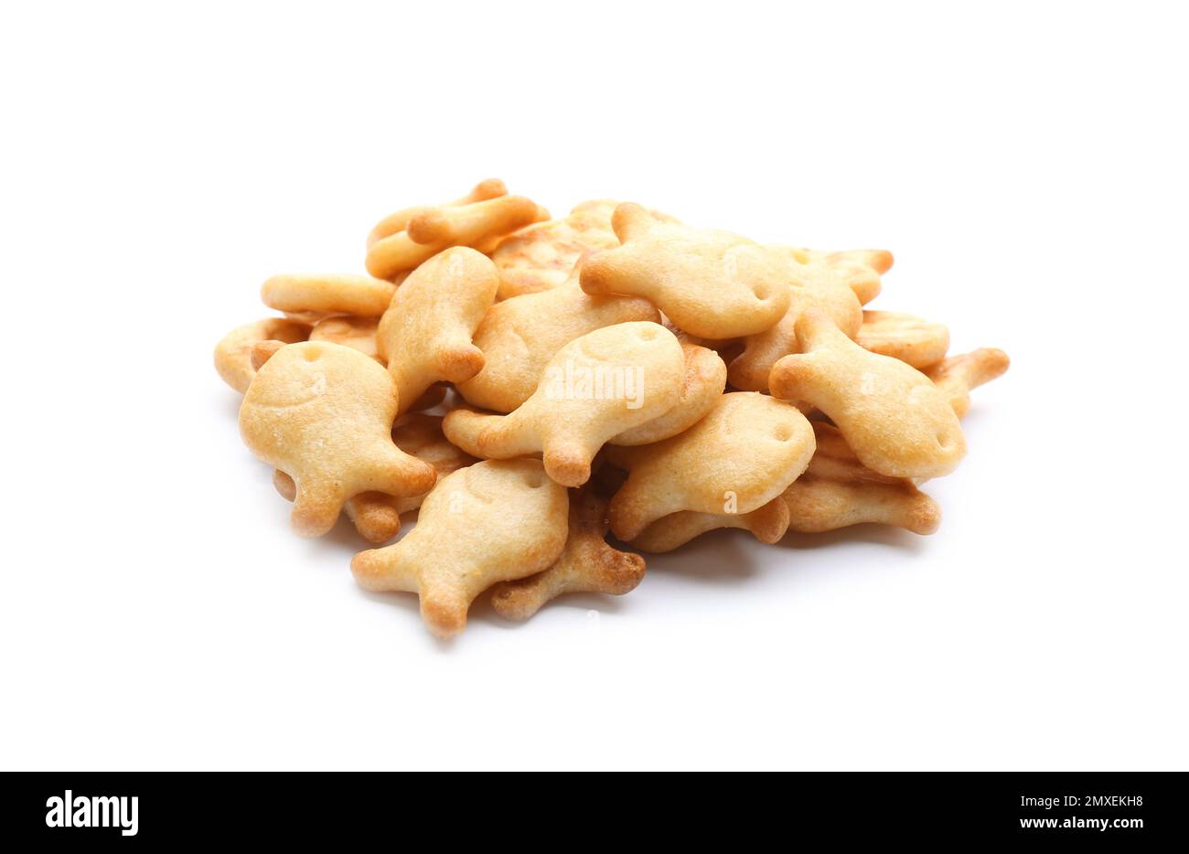 Delicious crispy goldfish crackers on white background Stock Photo - Alamy