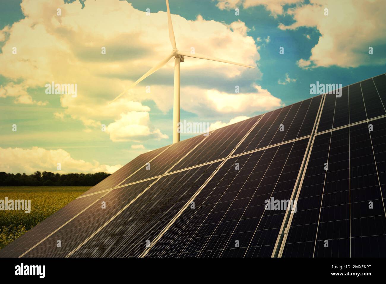 Solar panels and wind turbine installed outdoors. Alternative energy ...
