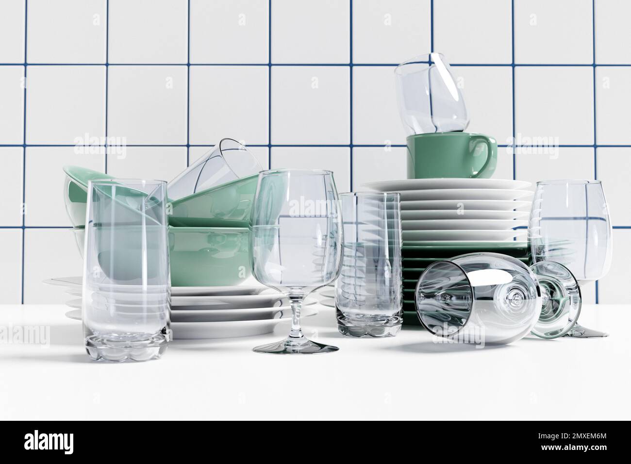 Set of clean plates, glasses, glasses. 3d illustration. Realistic