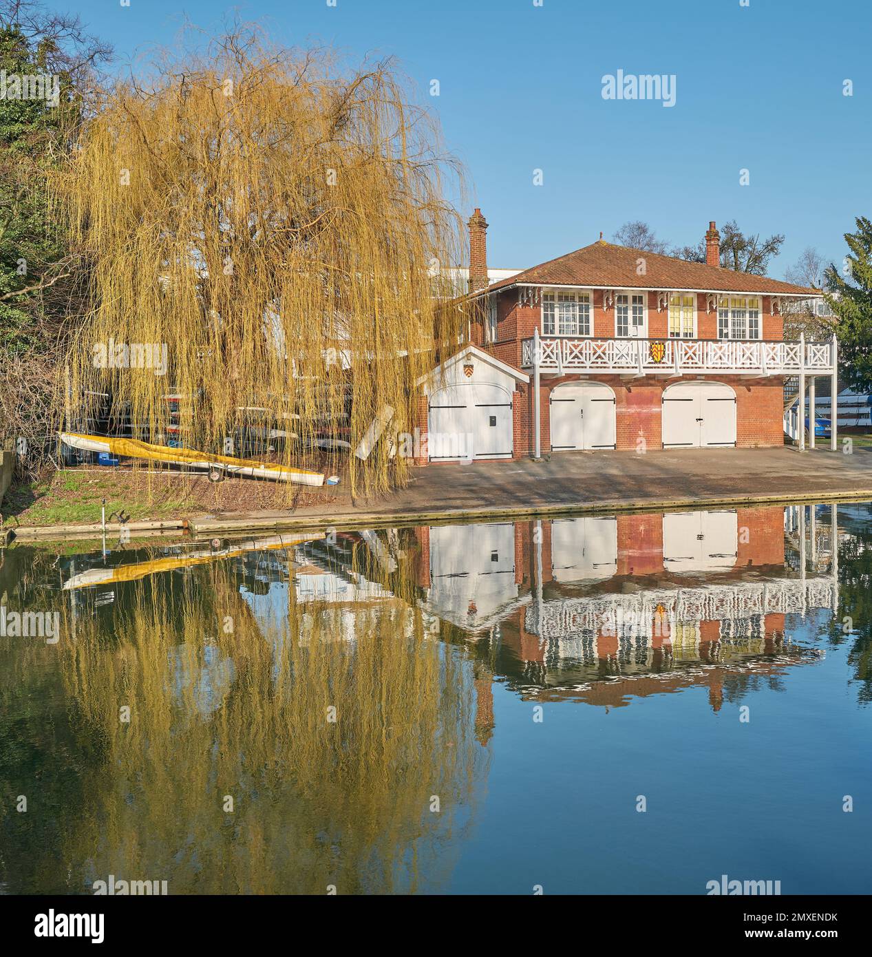 University of Cambridge, Clare college, boat club house at a bank of the river Cam, Cambridge, England, on a sunny winter day. Stock Photo