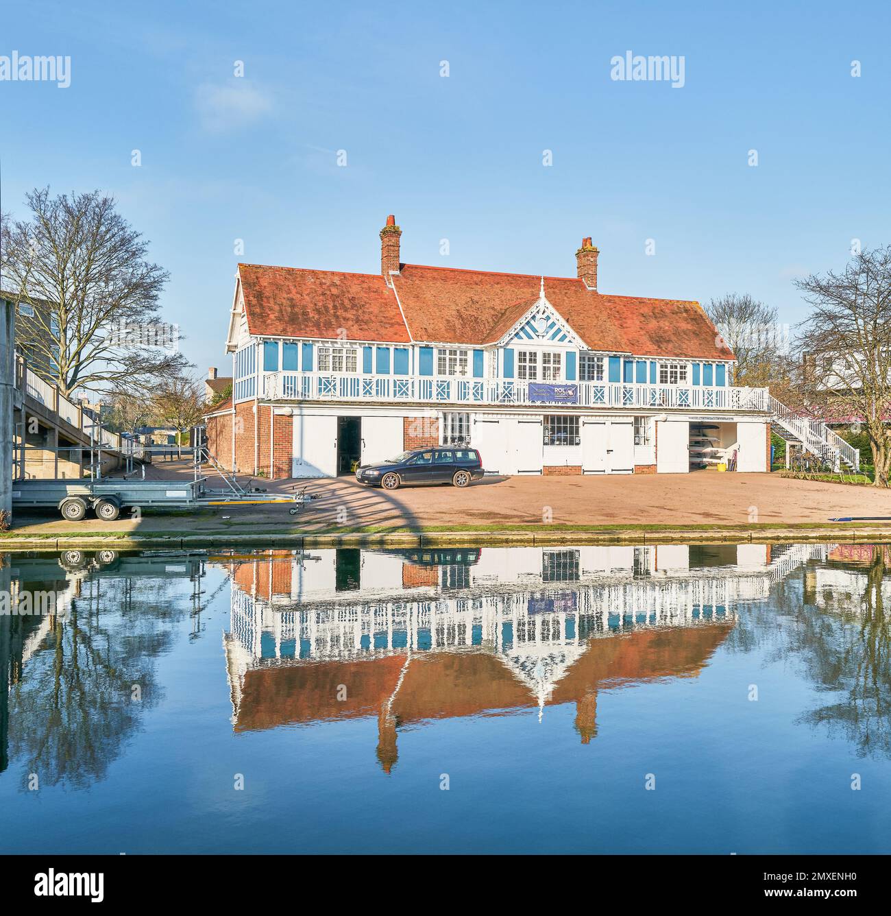 University of Cambridge, Emmanuel college, boat club house at a bank of the river Cam, Cambridge, England, on a sunny winter day. Stock Photo