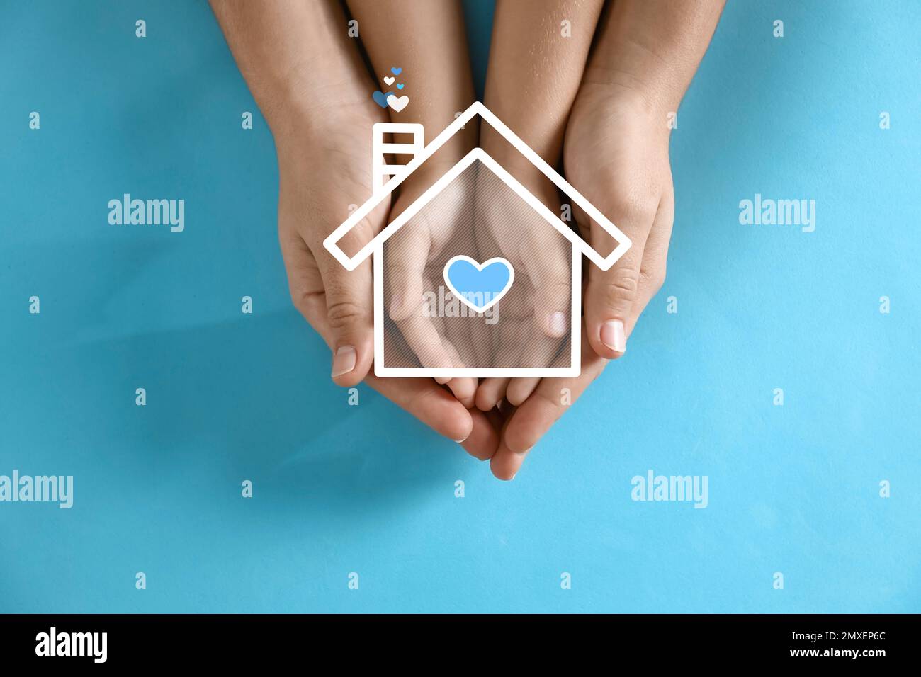 Illustration of house and happy family holding hands on blue background ...